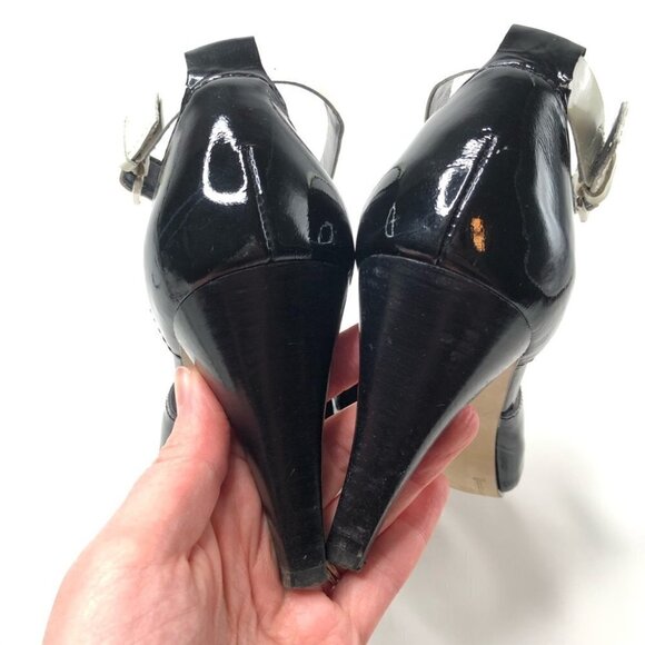Franco SARTO Shiny Black Silver Patent Leather T-Strap Colorblock Sandal Heels - Picture 3 of 13
